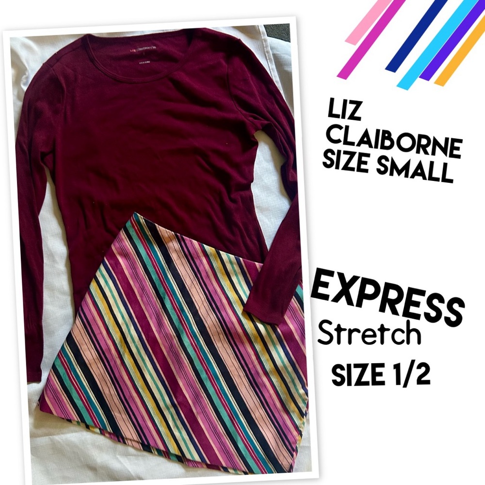Liz Claiborne Burgundy Top with Express Multicolor Striped Mini Skirt